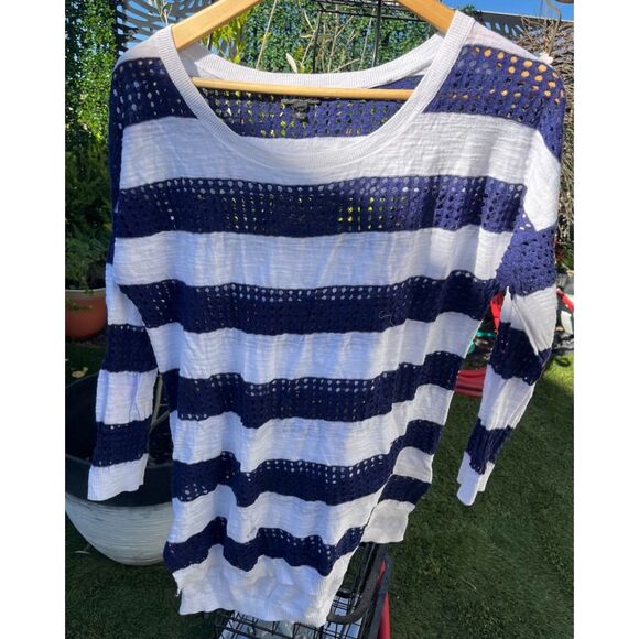 Size Large Express Navy and White Striped See Through Sweater - Picture 1 of 3